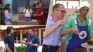 Tre immagini con persone che si raccontano o preparano da mangiare nelle opere segno Caritas