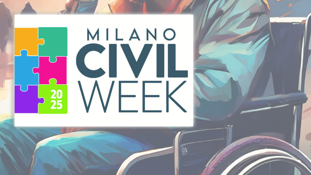 Caritas alla Milano Civil Week Il logo della Milano Civil Week - un puzzle composto da sei tessere di diversi colori - e sullo sfondo si intravede una persona con disabilità in carrozzina